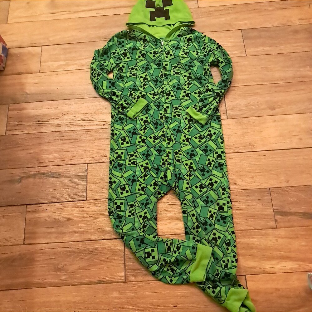 Minecraft Hooded Creeper Pajama‎ sz LARGE kids unionsuit Long Sleeves hoodie pjs
